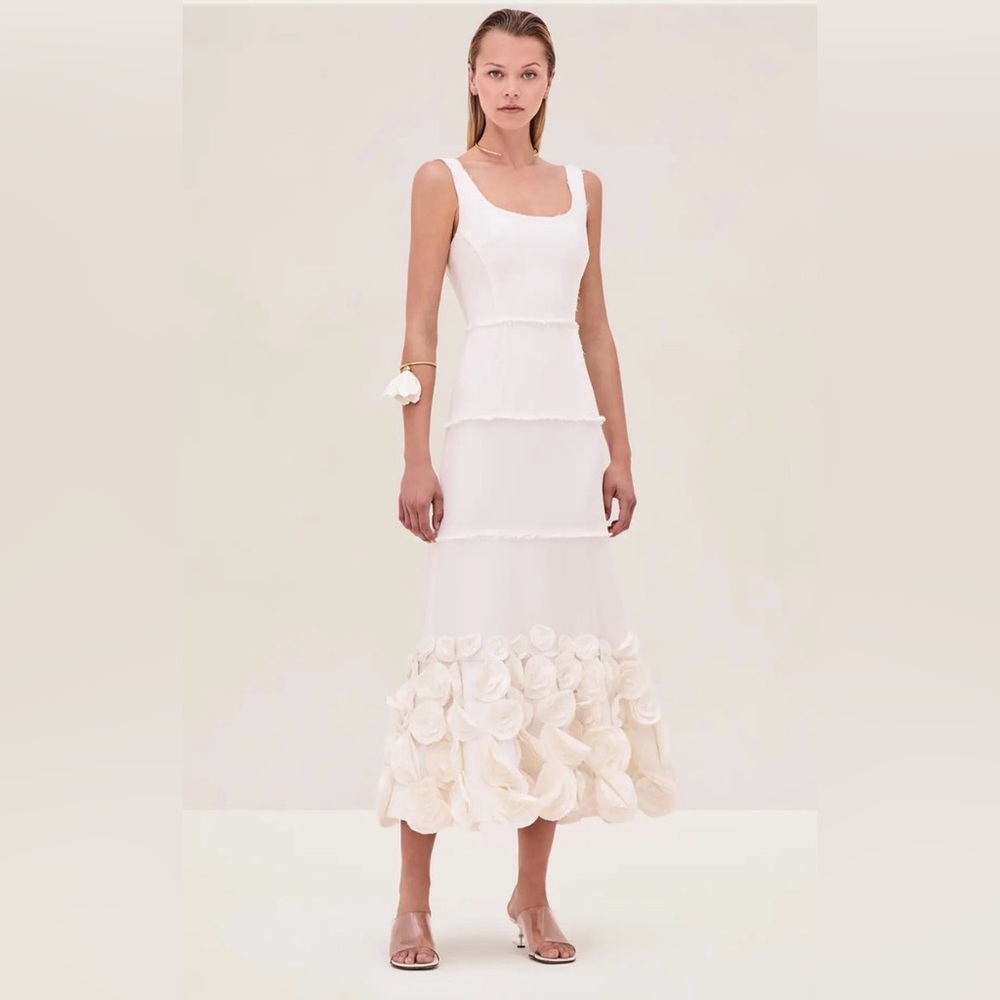 Alexis Cream Midi Dress with Floral Hem